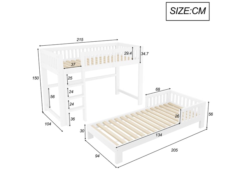  Lit superposé enfant 90 × 200 cm 2 places modulable avec barrières, sommier inclus, sans matelas, blanc  - Conforama D