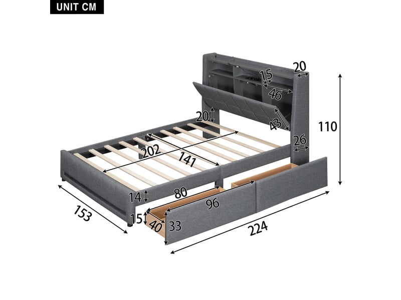  Lit adulte 140 x 200 cm, cadre de lit avec rangement, 2 tiroirs, éclairage led, connectique usb, tête de lit, 2 places, lin, gris Morn Vibe - Conforama C