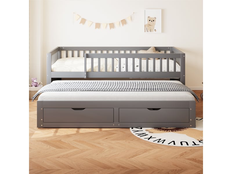  Canapé-lit en bois massif 90*200 cm gris pour enfant, lit gigogne, 2 tiroirs, sommier à lattes, sans matelas  - Conforama C