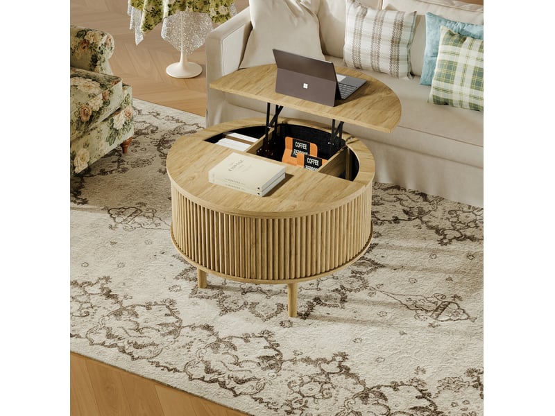  Table basse relevable ronde 80 x 80 x 51,5 cm – naturel – rangement dissimulé et plateau rabattable  - Conforama B