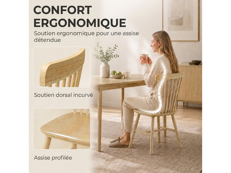  Lot de 2 chaises de salle à manger, chaises cuisine en bois d'hévéa, bords arrondis, dossier incurvé, bois naturel  - Conforama A