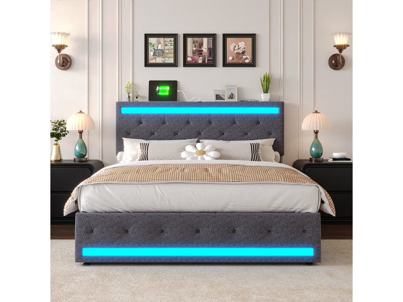  Lit double 180x200 avec led et tiroir, lit capitonnée avec 4 tiroirs cadre de lit avec rangement et tête de lit rembourrée lit 2 personnes avec usb pour adultes et adolescents tissu en lin, sans matelas  - Conforama B