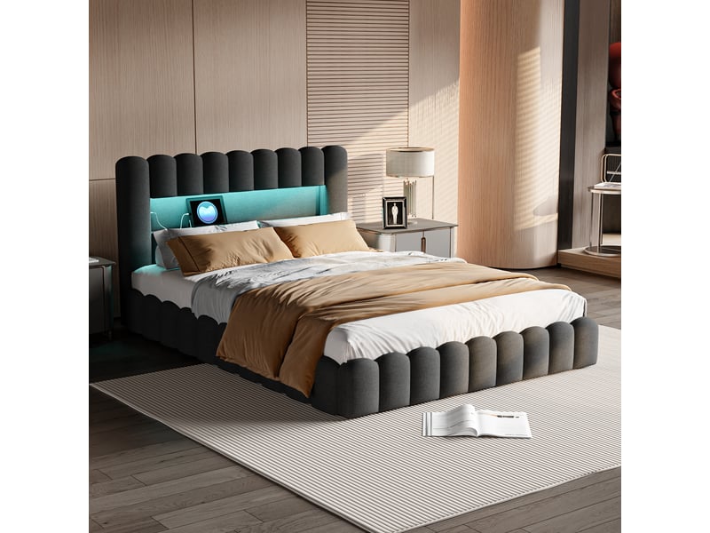  Lit coffre capitonné 160x200 cm, lit 2 places avec sommier, led et usb, rangement et tête de lit, lit adulte en lin, gris  - Conforama B