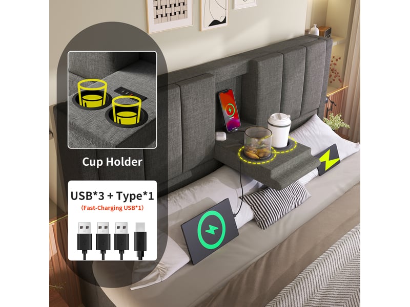  Lit coffre rembourré 140 × 200 cm 2 places avec rangement hydraulique, usb, type-c, porte-gobelets, matelas inclus, gris  - Conforama E