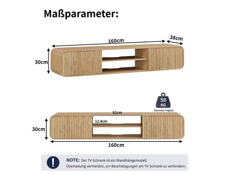  Meuble tv mural 160x38x30 cm avec rangement ouvert et passe-câbles en panneaux de particules naturel  - Conforama E