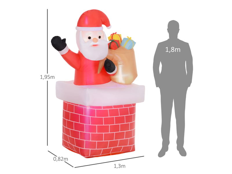  Père noël gonflable décoration de noël extérieur avec lumières led sac de cadeau et la cheminée 130 x 82 x 195 cm rouge  - Conforama E