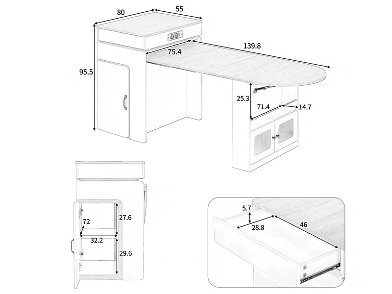  Îlot central cuisine extensible avec table, station de charge &amp; led - meuble de cuisine multifonctionnel en mdf et pb avec rangements  - Conforama C