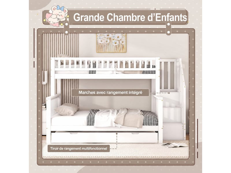  Lit superposé enfant avec escalier et rangements, lit gigogne, pin massif et mdf blanc, 90 x 200 et 140 x 200 cm  - Conforama D