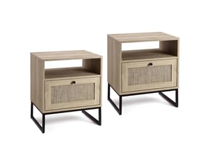 Lot 2 tables basses rotin, style bohème farmhouse, tiroir et étagère, bois et métal, rangement compact salon ou chambre