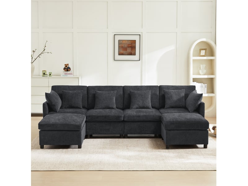 Canapé modulable modenvie en chenille gris 278 x 161 cm avec 2 poufs et 6 coussins  - Conforama E