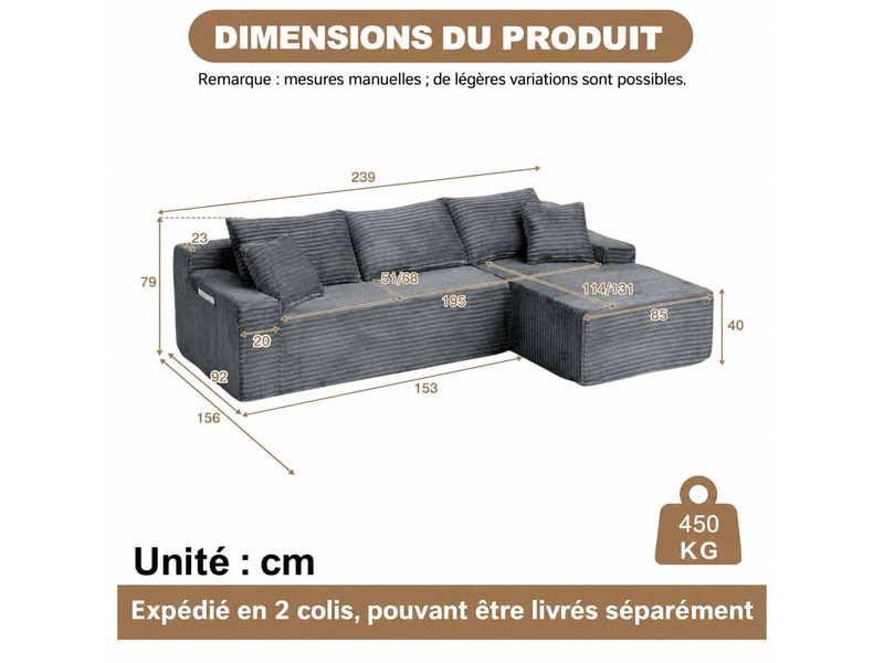  Canapé d’angle, sectionnel en velours côtelé, rembourré mousse, droite, chambresalon, 79x239x156 cm, gris  - Conforama C