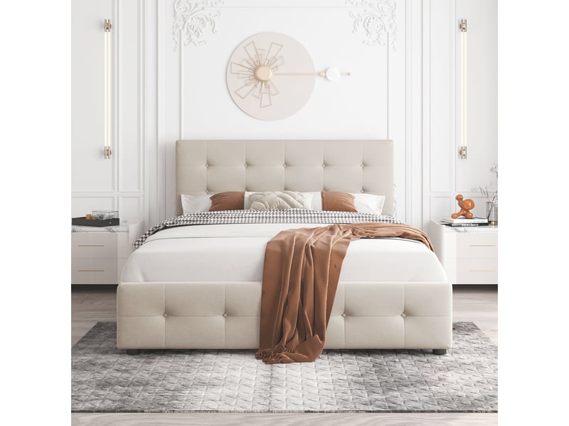  Lit capitonné 140 x 200 cm beige avec 4 tiroirs, sommier à lattes, tête rembourrée, sans matelas  - Conforama E