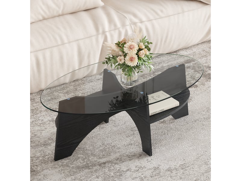  Table d'appoint ovale 104.9×60×35.6 cm, mdf et verre, noir et transparent Fay Lum - Conforama B