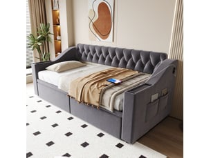 Lit avec rangement 90x190 cm <strong>FLORAGRACE</strong> <strong></strong> coloris gris