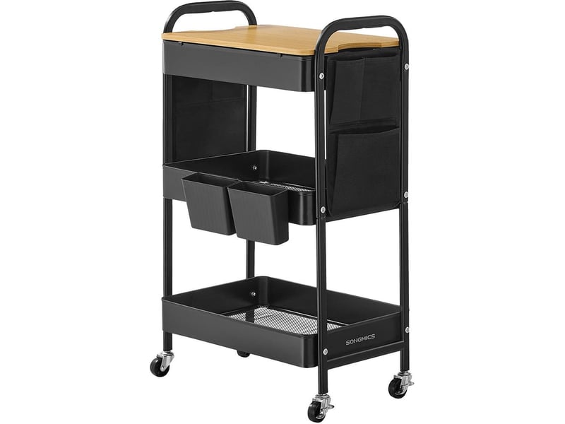  Chariot de rangement à 3 niveaux mobile 30,6 x 44,3 x 74,2 cm avec table supérieure style moderne en acier noir 12_0011059  - Conforama A