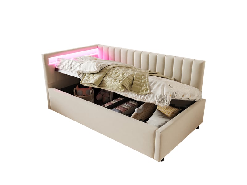 Lit banquette 90x200 cm en velours beige, led, coffre hydraulique et dossier latéral modulable - Conforama E