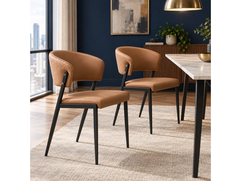  Chaises de salle à manger lot de 2 avec dossier ergonomique  - pieds en métal, simili cuir marron  - Conforama B