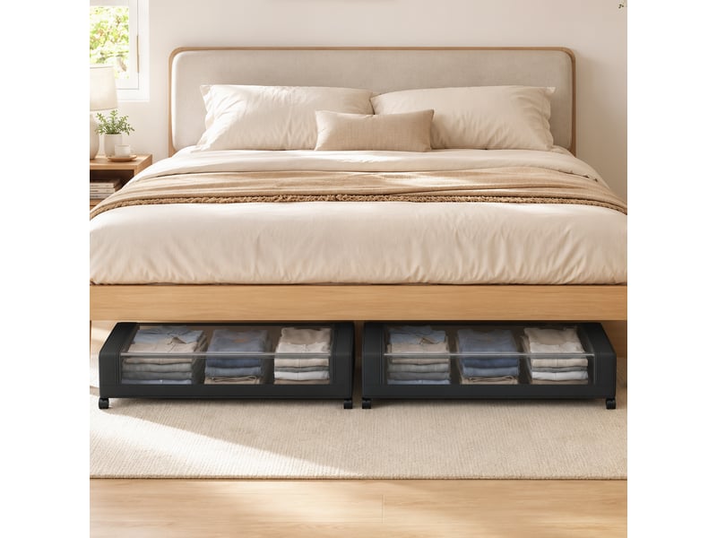  Bac de rangement 40l x 2 - boîte de rangement dessous de lit - roulettes, fermeture éclair - tissu noir  - Conforama D