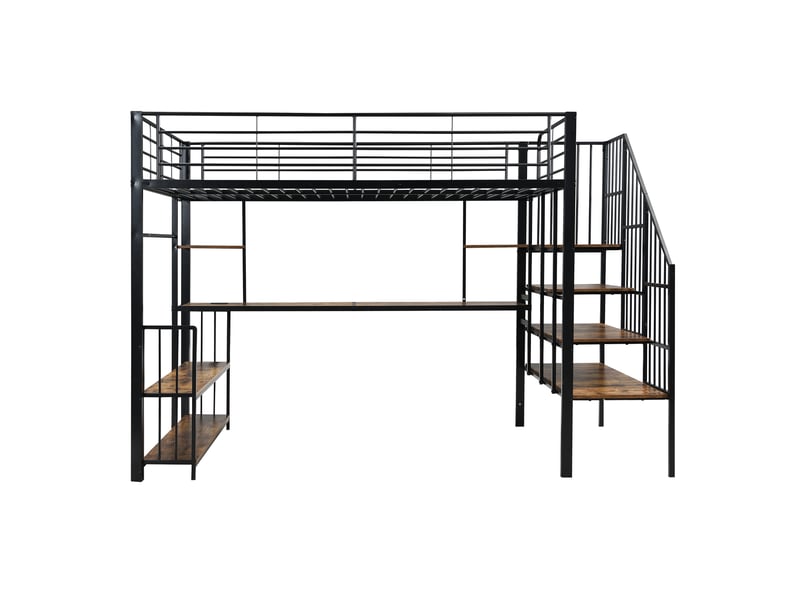 Lit superposé en fer, avec échelle latérale et rambarde, port de chargement, penderie, espace de rangement et deux dispositifs anti-basculement, fer et mdf, noir et foncé, 120 x 200 cm  - Conforama D