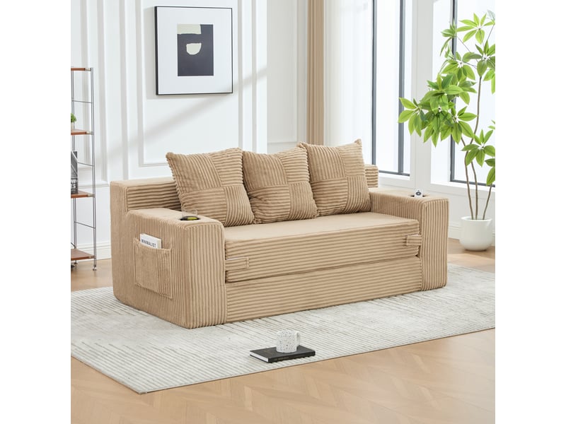  Canapé 3 places en velours côtelé, sans montage, design modulaire, porte-gobelets, rangements latéraux, 172×87×64 cm  - Conforama B