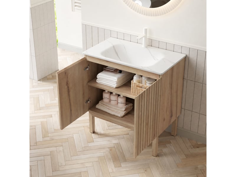  Meuble vasque sur pied 80 cm avec vasque intégrée en pierre frittée effet carrare, finition chêne blanc  - Conforama B