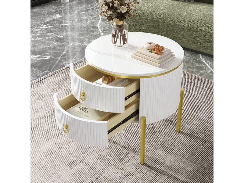  Table basse ronde avec 2 tiroirs, pieds réglables, effet marbre et détails dorés, pour salon, mdf, blanc, 50 x 50 x 51 cm  - Conforama C