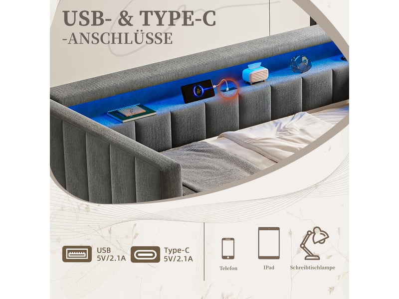  Canapé lit gigogne 90x190 en velours gris foncé avec port usb-c, led et rangement  - Conforama D