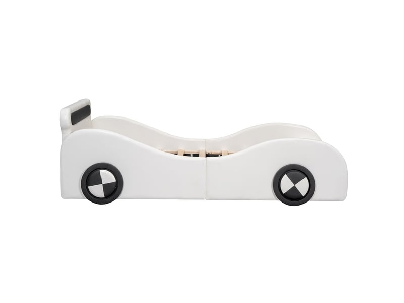  Lit rangement 90 x 200 cm roues lumineuses lit simple forme voiture structure rembourrée revêtement pu coloris blanc rangement intégré  - Conforama A