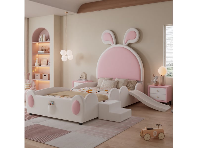  Lit enfant 90x200 cm avec toboggan et escalier, pu blanc et rose  - Conforama D