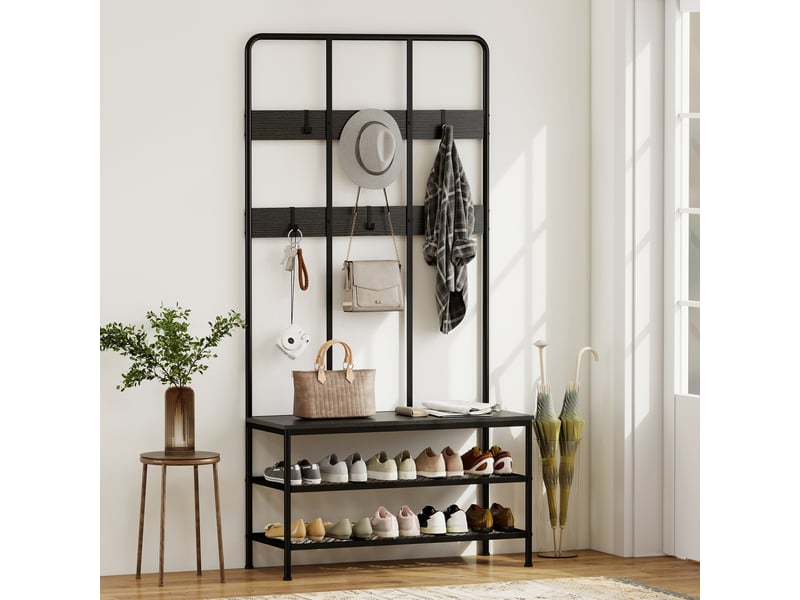 Porte-manteau 3 en 1 avec 6 crochets et banc porte-chaussures, 91 x 36 x 180 cm, noir - Conforama C