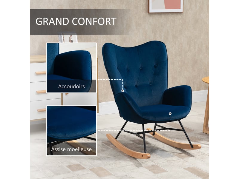  Fauteuil à bascule, rocking chair, fauteuil allaitement confortable avec structure en bois massif et métal pour salon, chambre, balcon, velours bleu  - Conforama R