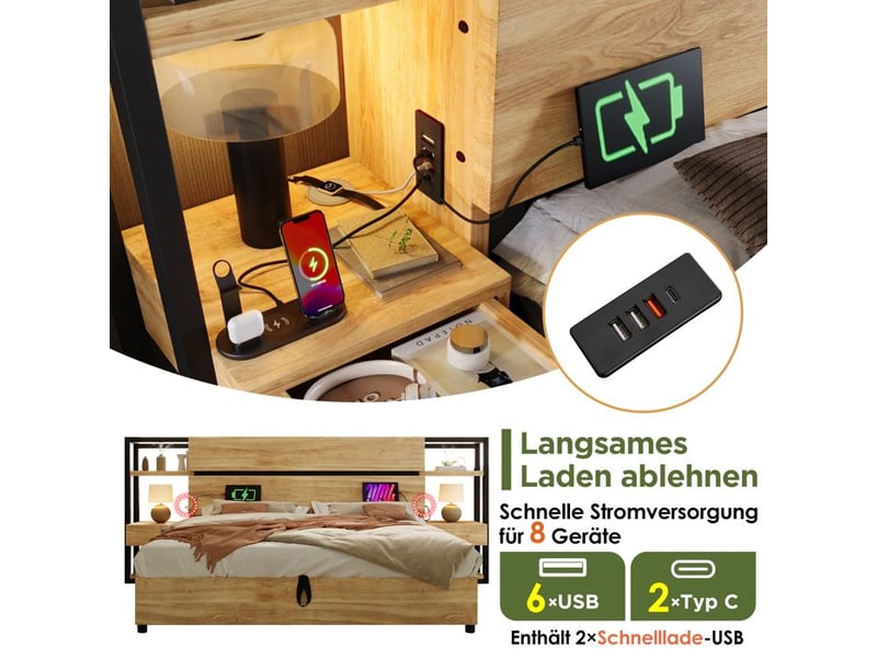 Lit double - truxen8 - 160x200cm - rangement hydraulique - ports usb & type-c - chêne 222x240x110cm - Conforama D