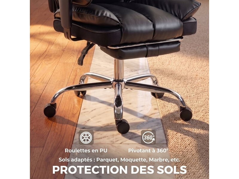  Fauteuil de bureau similicuir noir inclinable avec repose-pieds, chaise de bureau jusqu'à 180 kg, 80x67x130 cm  - Conforama W