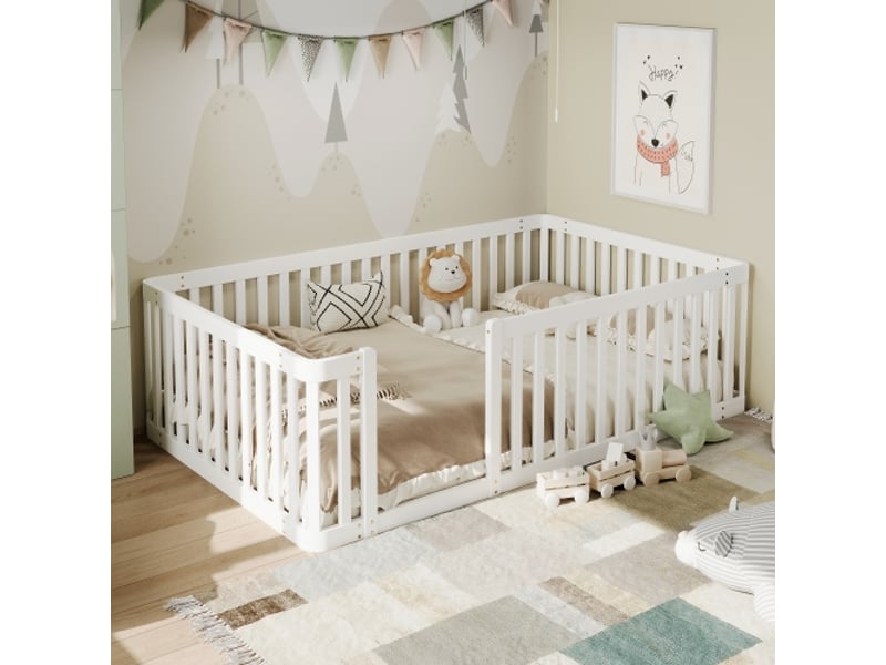  Lit enfant 90x200 cm avec barrière semi-fermée, entrée latérale, en bois, blanc  - Conforama C