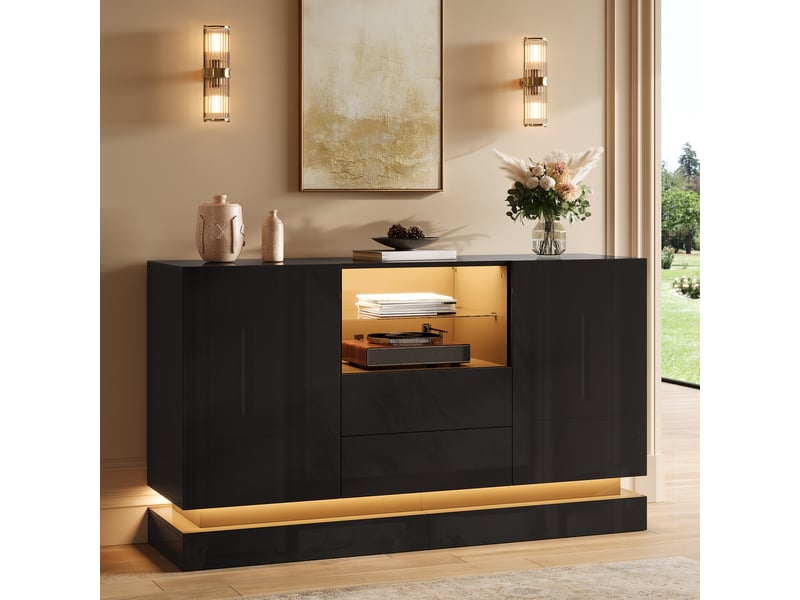  Buffet de rangement 140x40x80 cm, éclairage led, commande par application, 2 portes, 2 tiroirs pour salon et salle à manger - noir  - Conforama D