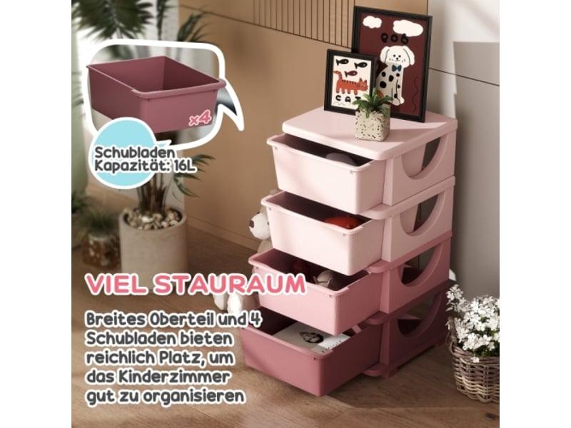 Boîte de rangement enfant rose, 4 tiroirs, bords arrondis, design surélevé, 37x37x76 cm - Conforama D