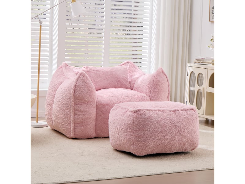  Canapé géant pour adulte et enfant en fausse fourrure avec coussin et repose-pieds, garnissage mousse haute densité, pour lecture et gaming, rose  - Conforama B