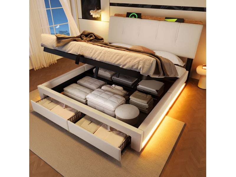 Lit coffre 140x200 cm en lin beige avec led, usb et type-c  - Conforama D