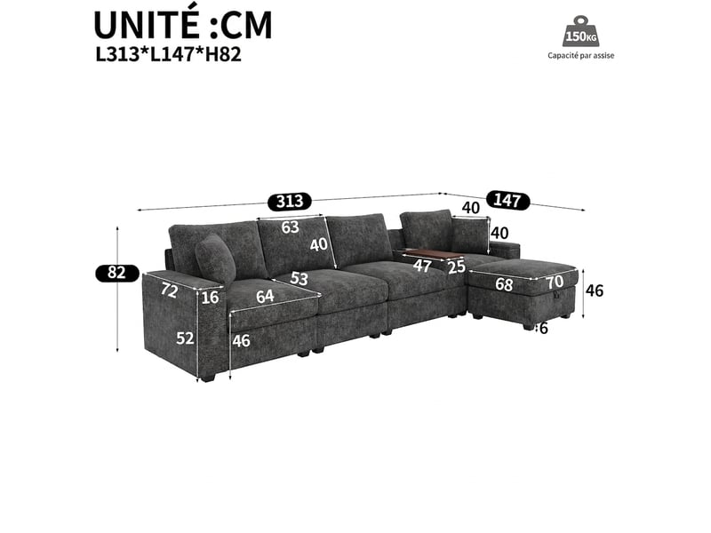  Canapé d'angle modulable gris 5 places avec pouf - tissu chenille, ports usbtype-c, table pivotante  - Conforama C