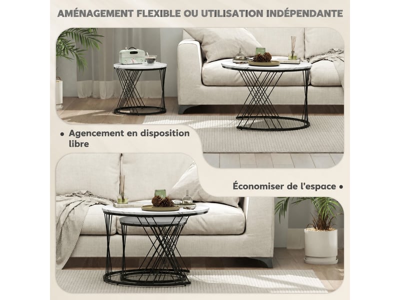  Lot de 2 tables basses gigognes rondes, plateau effet marbre blanc, structure en métal géométrique, 70 cm  - Conforama R