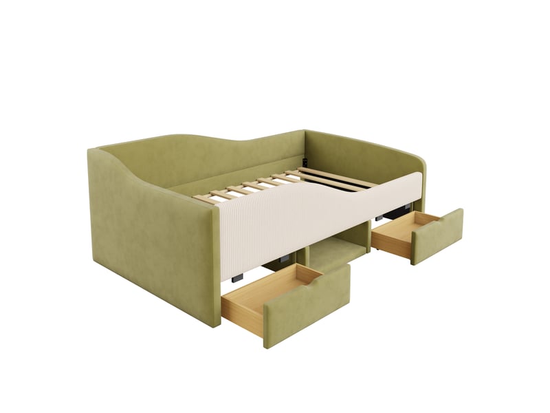  Lit enfant 90x190 cm, 2 tiroirs de rangement, garde-corps, mdf et velours, vert foncé et crème, sécurisé, sans matelas  - Conforama A