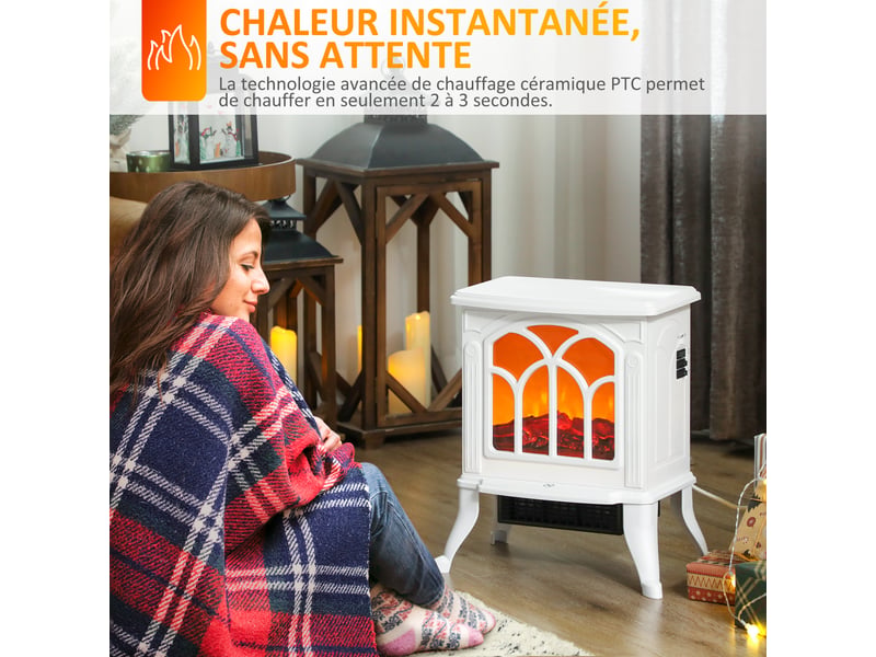 Cheminée électrique sur pied style rétro, effet flamme led, 7501500 w, blanche - Conforama W