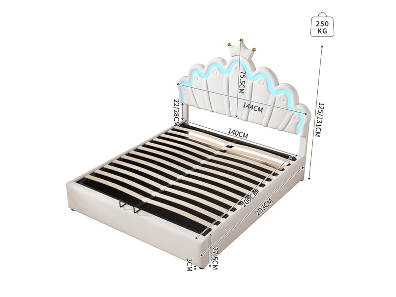 Lit 140x200 cm avec coffre hydraulique, tête de lit rembourrée et led réglables, blanc - Conforama C