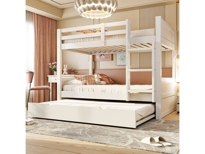 Lit superposé bois 90 x 200 cm blanc avec lit tiroir extensible, séparable en 2 lits simples, garde-corps, échelle et sommiers à lattes - Conforama B