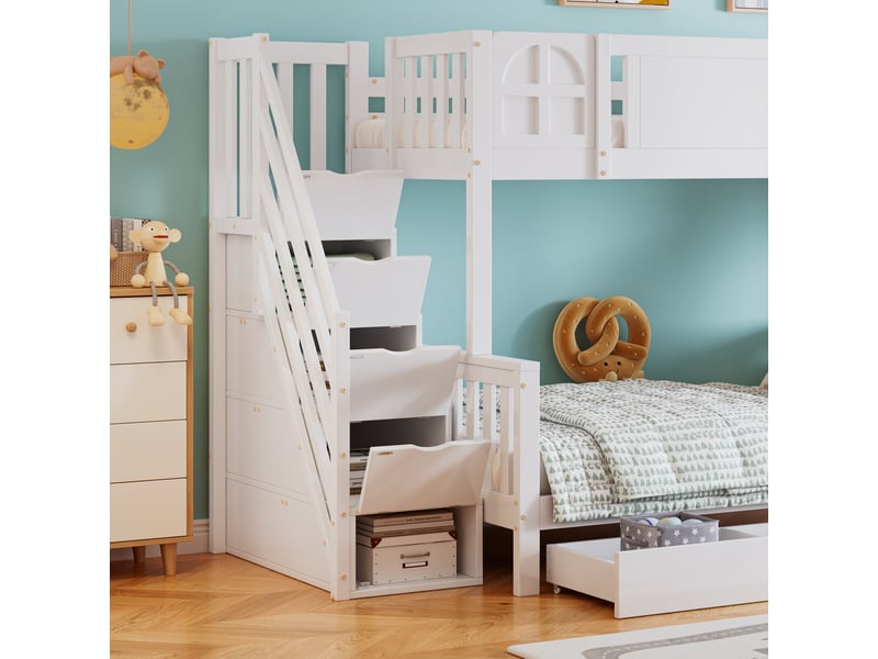 Lit superposé 90x200+140x200cm avec tiroirs, toboggan, barrière et sommiers, pin+mdf, blanc, sans matelas - Conforama E