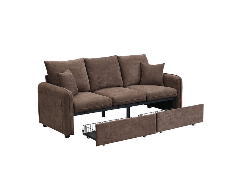  Canapé d'angle 3 places en tissu chenille, canapé modulable avec deux poufs, convertible en lit, rangement intégré, marron antique  - Conforama A