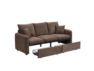 Canapé d'angle 3 places en tissu chenille, canapé modulable avec deux poufs, convertible en lit, rangement intégré, marron antique