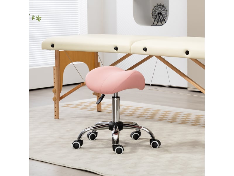  Tabouret de travail à roulettes réglable en hauteur 49-61 cm pivotant 360° pour salon et spa rose  - Conforama B