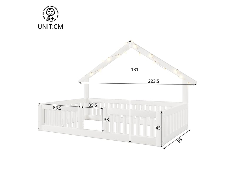  Lit cabane enfant 90 x 200 cm avec barrières de sécurité et guirlande led blanc  - Conforama C