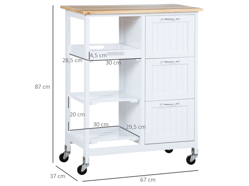  Desserte de cuisine à roulettes 67x37x87 cm, 3 tiroirs, 3 niveaux, plateau de travail, mdf, blanc  - Conforama E